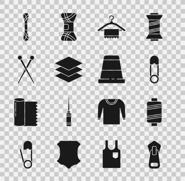 Set Zipper, Sewing thread, Safety pin, Hanger wardrobe, Layers clothing textile, Knitting needles, Yarn and Thimble for sewing icon. Vector — Stock Vector