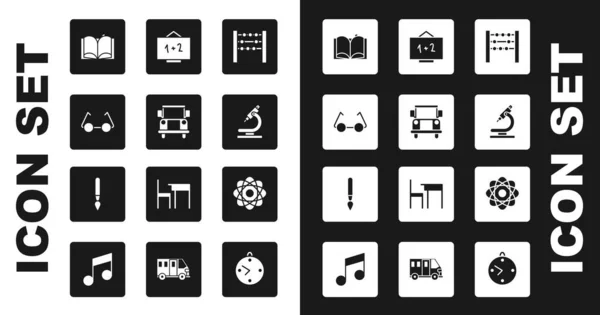 Set Abacus, Schulbus, Brille, offenes Buch, Mikroskop, Kreidetafel, Atom und Pinselsymbol. Vektor — Stockvektor