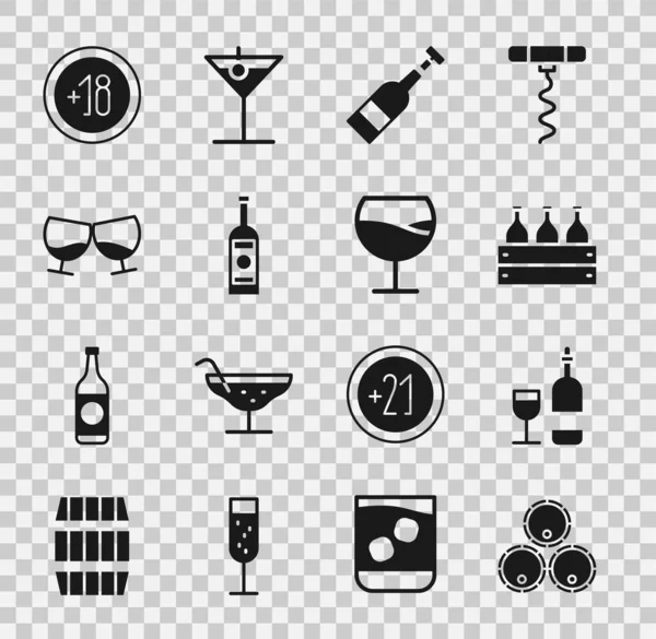 Set Wooden barrels, Wine bottle with glass, Bottles of wine wooden box, Opened, Glass vodka, cognac or brandy, Alcohol 18 plus and icon. Vector — Stock Vector