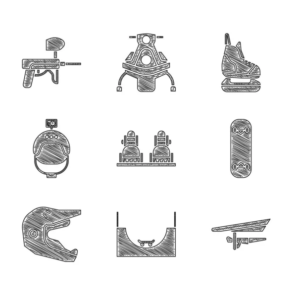 Snowboard, Paten Parkı, Hang Plander, Kaykay hilesi, Motokros motosiklet kaskı, Kask ve aksiyon kamerası, Pkates ve Paintball silah ikonu. Vektör