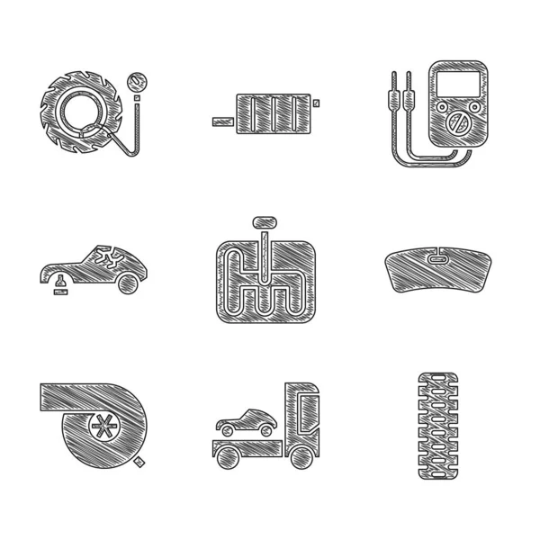 Set Gear Alakváltó, Autó transzporter teherautó, gumiabroncs kerék, szélvédő, Autóipari turbófeltöltő, Törött autó, Multiméter és gumiabroncs nyomásmérő ikon. Vektor — Stock Vector