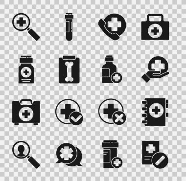 Tıbbi reçeteyi, panoyu, Cross hastanesi sağlık raporunu, acil telefon görüşmesini, röntgen çekimini, ilaç şişesini, arama ve ilaç şurubu ikonunu büyüteçle. Vektör