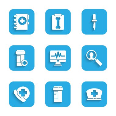 Monitörü kardiyogram, ilaç şişesi, hemşire şapkası haçı, tıbbi analiz, acil telefon çağrı hastanesi, Pipette ve pano ikonu ile ayarla. Vektör
