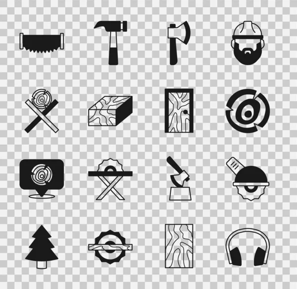 Fejhallgató, elektromos körfűrész, farönk, fejsze, gerenda, állvány, kétkezes és zárt ajtós ikon. Vektor — Stock Vector