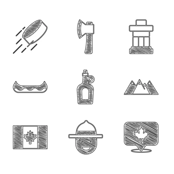 Set Bottle of maple syrup, Canadian ranger hat, leaf, Mountains, Flag Canada, Kayak, Inukshuk and Hockey puck icon. Vector — Stock Vector