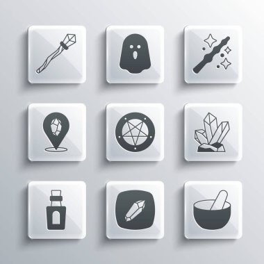 Sihirli taş, cadı kazanı, pentagram daire içinde, iksirli şişe, asa ve değnek ikonu. Vektör