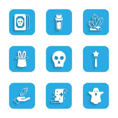 Set Kurukafa, Sihirli parşömen, Hayalet, asa, taş, Sihirbaz şapkası tavşan kulakları ve Tarot kartları ikonu. Vektör