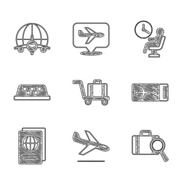 Bagajı, uçak inişini, Lost, Airline biletini, pasaport, taksi araba çatısını, havaalanı terminalini ve uçan uçak ikonlu Globe 'u ayarlayın. Vektör