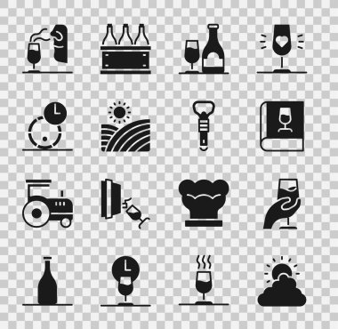 Güneş ve bulut havası, şarap tatma, şarap içme, şarap hakkında kitap, cam şişeler, üzüm bağları, ahşap fıçı için şarap ve şişe açma ikonu. Vektör