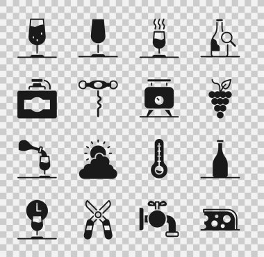 Peynir, şişe şarap, üzüm, şarap tatma, degukasyon, tirbuşon, karton kutu, cam ve fermantasyon ikonu. Vektör