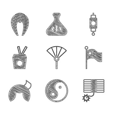 Çin ya da Japon katlayıcı yelpazesi, Yin Yang, Havai fişek, bayrak direğinde Çin bayrağı, fal kurabiyesi, erişte kutusu ve yemek çubuğu, kağıt fener ve balık biftek ikonu. Vektör