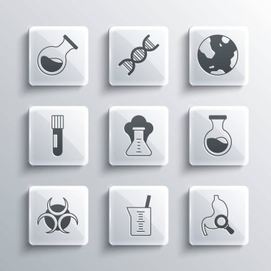 Laboratuar cam veya deney tüpü, büyüteçli mide, test tüpü ve matara, kimyasal patlama, biyolojik tehlike sembolü ve Dünya küresi ikonu hazırlayın. Vektör