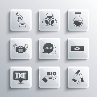 Biyolojik sağlıklı yiyecek, virüs, kan testi ve virüs, DNA sembolü, tıbbi koruyucu maske, mikroskop ve tüp ikonu hazırlayın. Vektör