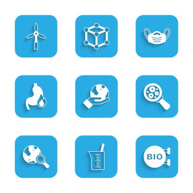 El ele tutuşan Dünya küresi, biyosağlıklı besinler büyüteç altında mikroorganizmalar mide yanması, tıbbi koruyucu maske ve rüzgar türbini ikonu. Vektör