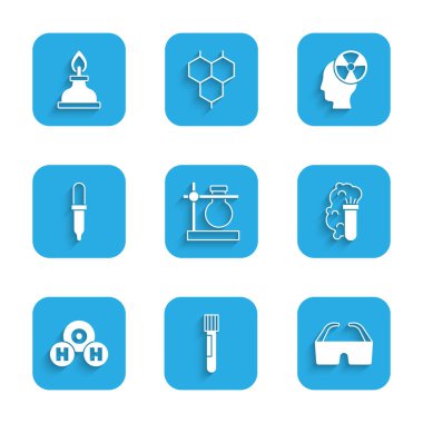 Test tüpünü kürsüye çıkarın, güvenlik gözlükleri, kimyasal patlama, H2O, Pipette, kafa radyasyonu sembolü ve alkol ruh yakma ikonu formülü. Vektör