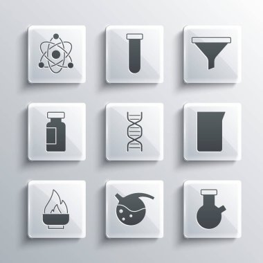 Test tüpünü ve matarayı, laboratuvar cam sürahisini ya da deney şişesini, DNA sembolünü, alkol ruh yakıcısını, atom ve huni filtre simgesini ayarla. Vektör