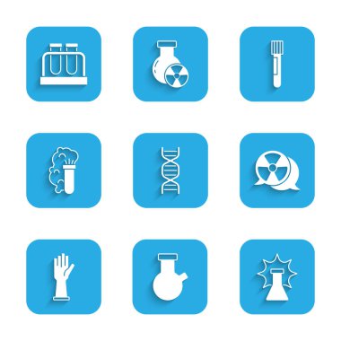 DNA sembolü, test tüpü ve matarası, kimyasal patlama, radyoaktif, tıbbi lastik eldiven ve ikon ayarla. Vektör