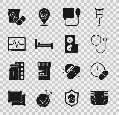 Yetişkin bezi, ilaç hapı ya da tablet, stetoskop, kan basıncı, yatak, kardiyogramlı monitör ve ilaç paketini hazırlayın. Vektör