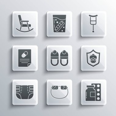 Gözlük, hap paketi, büyükanne, terlik, yetişkin bezi, reçete, sallanan sandalye, koltuk değneği ya da koltuk değneği ikonu. Vektör