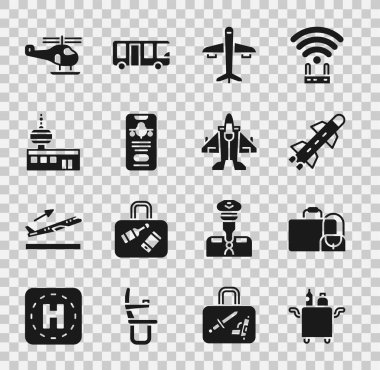 Trolley 'i yiyecek, çanta, roket, uçak, biletli mobil, havalimanı kontrol kulesi, helikopter ve savaş ikonu için ayarlayın. Vektör