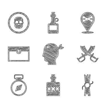 Korsan kaptan, alkol içeceği rom, kararname, parşömen, parşömen çapraz korsan kılıcı, pusula, antika hazine sandığı, yer ve sikke ikonu. Vektör