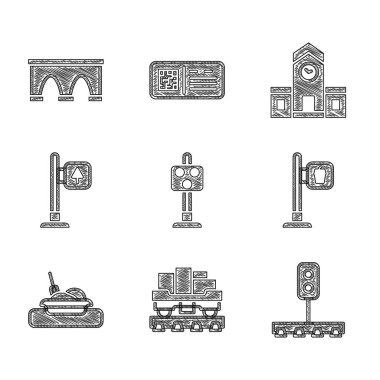 Tren trafik ışığını ayarlayın, yük vagonu, kafe ve restoran konumu, yemek tabağı, trafik levhası, tren istasyonu ve ikon için köprü. Vektör