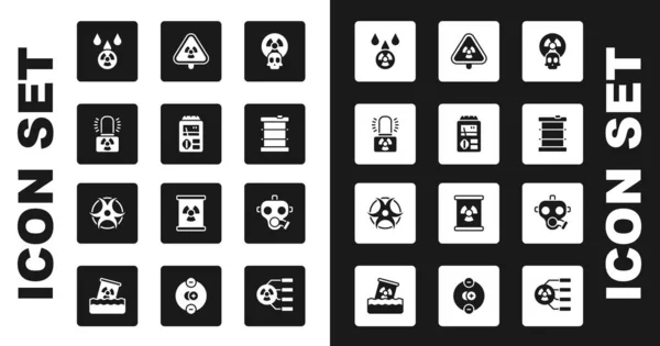 Set Radioactif, Dosimètre, lampe d'avertissement, Pluies acides et nuages radioactifs, baril de déchets, Triangle avec rayonnement, Masque à gaz et icône du symbole Biohazard. Vecteur — Image vectorielle