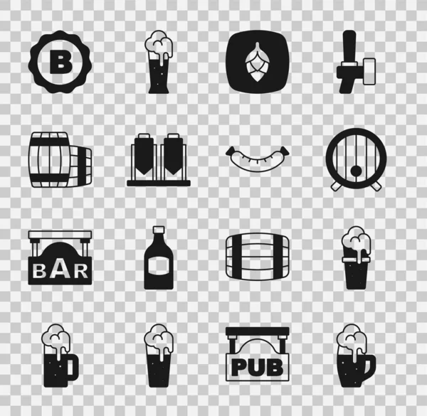 Set Vaso de cerveza, barril de madera, lúpulo, proceso de elaboración de cerveza, tapa de botella con e icono de salchicha. Vector — Vector de stock