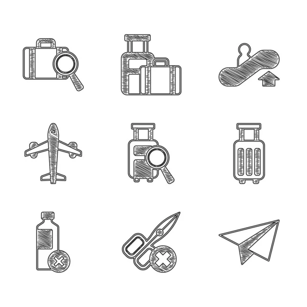 Verlorenes Gepäck, keine Schere, Papierflugzeug, Koffer, Wasserflasche, Flugzeug, Rolltreppe und Symbol. Vektor — Stockvektor