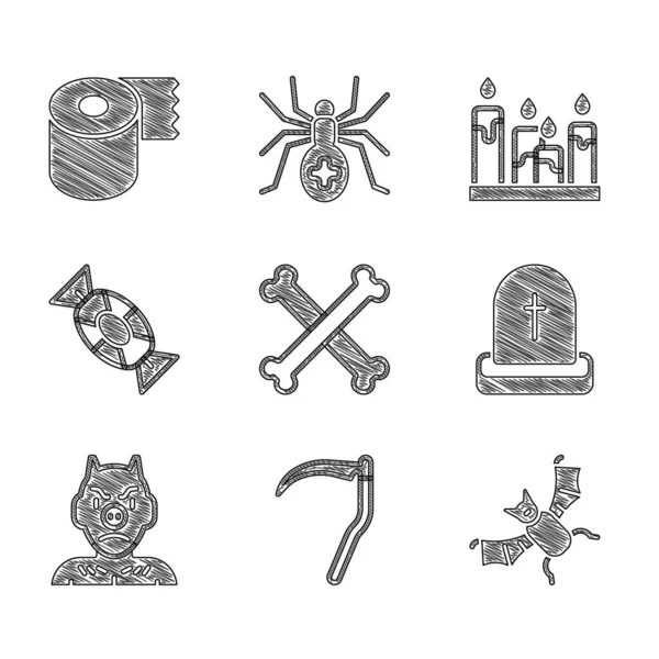 Set Crossed bones, Scythe, Flying bat, Tombstone with RIP written, Krampus, heck, Candy, Burning candle and Toilet paper roll icon. Vetor — Vetor de Stock