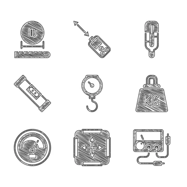 Set Hand schaal veer mechanisch, Oppervlakte meting, Multimeter, voltmeter, Gewicht, Snelheidsmeter, Constructie zeepbel niveau, Medische thermometer en Diameter pictogram. Vector — Stockvector