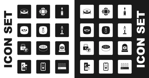 Set Elektrische Zahnbürste, Thermostat, Überwachungskamera, Staubsaugerroboter, Staubsauger, Prozessor mit CPU, Klingelalarm und digitales Türschloss-Symbol. Vektor — Stockvektor