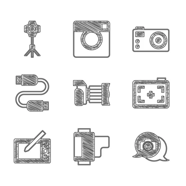Set Photo camera, Camera roll φυσίγγιο, Graphic tablet, καλώδιο USB, και Softbox εικονίδιο φωτός. Διάνυσμα — Διανυσματικό Αρχείο