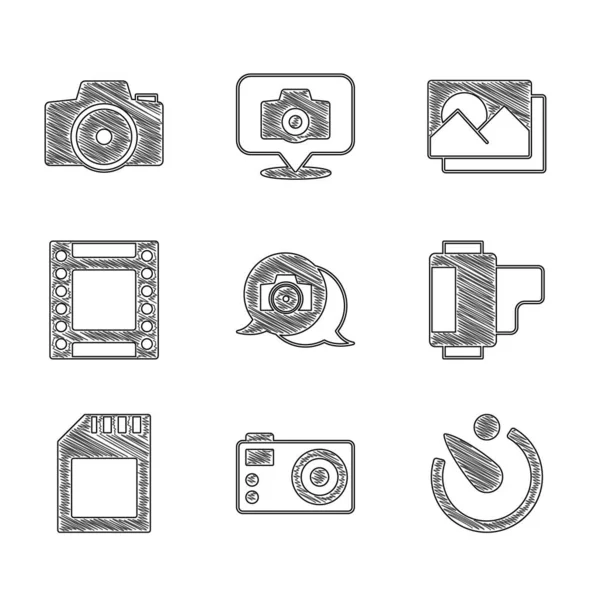 Definir câmera fotográfica, temporizador de câmera, cartucho de rolo, cartão SD, quadro e ícone. Vetor —  Vetores de Stock