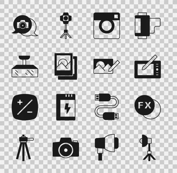 Softbox licht, fotocamera fx, grafische tablet, frame en retoucheren pictogram. Vector — Stockvector