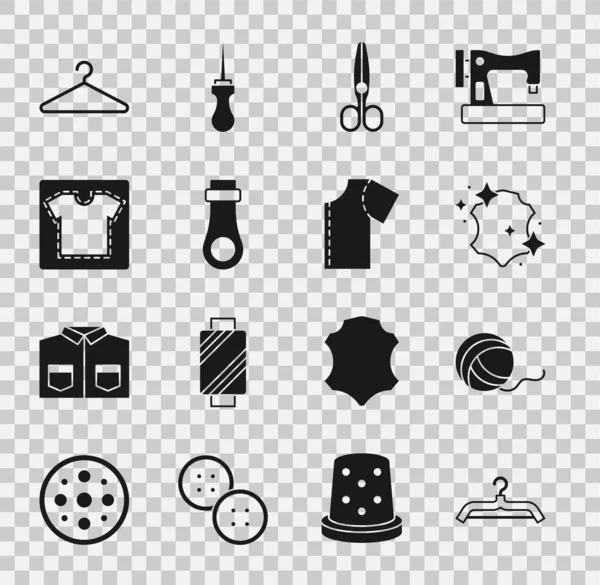 Set Hanger garderobe, garen bal, leer, schaar, Rits, Naai patroon, en pictogram. Vector — Stockvector