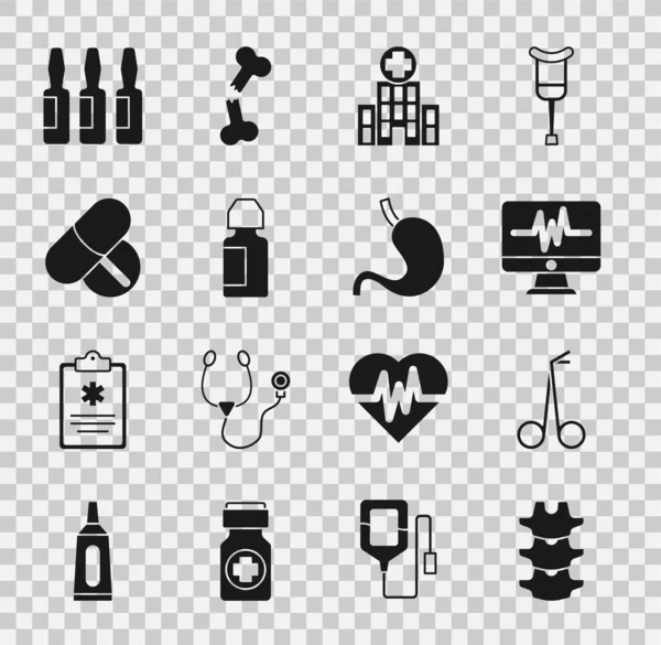 Set Espina dorsal humana, Tijeras médicas, Monitor con cardiograma, edificio del hospital, Botella de colirio, Pastillas para medicamentos, vial, ampolla e icono del estómago. Vector — Archivo Imágenes Vectoriales