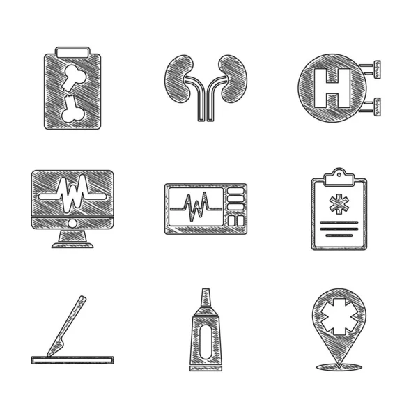 Set Monitor con cardiograma, ungüento crema tubo medicina, Ubicación hospital cruzado, historia clínica, bisturí de cirugía médica, letrero del hospital y rayos X icono disparos. Vector — Archivo Imágenes Vectoriales