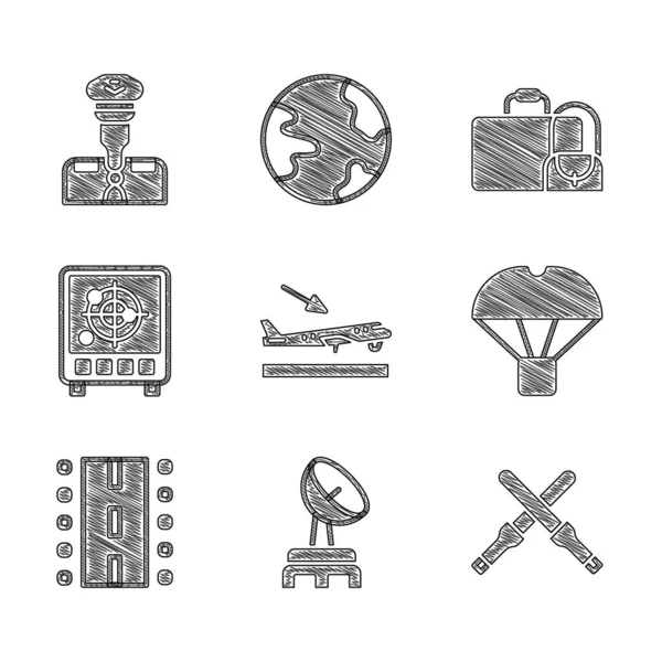 Establezca aterrizaje en avión, radar, varitas de Marshalling, caja volando en paracaídas, pista del aeropuerto, con el monitor de objetivos, maleta y el icono del piloto. Vector — Archivo Imágenes Vectoriales