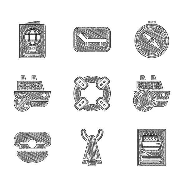 Conjunto Lifebuoy, Toalla en una percha, Crucero, Capitán sombrero, Brújula y Pasaporte icono. Vector — Archivo Imágenes Vectoriales