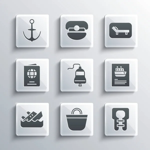 Set Strandtasche, Rettungsweste, Kreuzfahrtschiff, Schiffsglocke, sinkende Kreuzfahrt, Reisepass, Anker und Sonnenliege und Regenschirm-Symbol. Vektor — Stockvektor