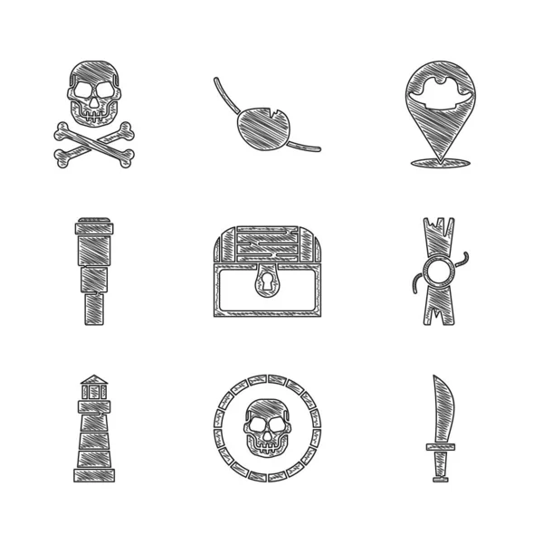 Definir caixa de tesouro antigo, moeda pirata, espada, decreto, pergaminho, pergaminho, farol, lente de telescópio Spyglass, ícone de ossos cruzados de pirata de localização e crânio. Vetor — Vetor de Stock