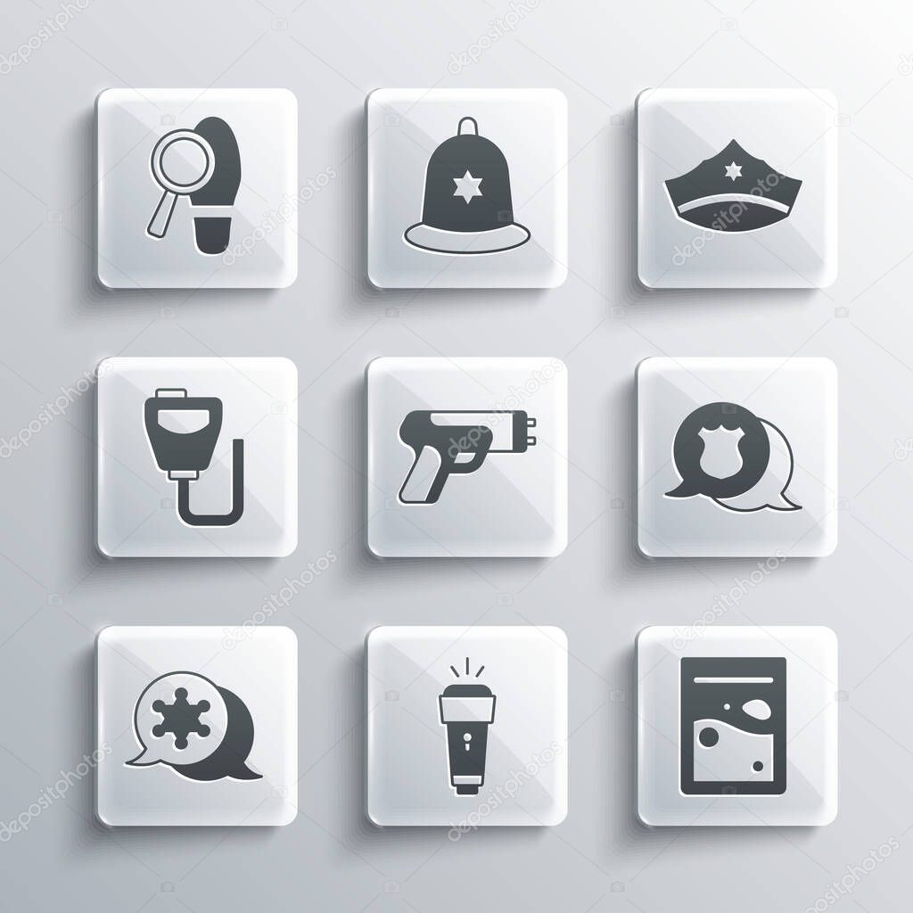 Set Flashlight, Plastic bag of drug, Police badge, electric shocker, Hexagram sheriff, Walkie talkie, Footsteps and cap with cockade icon. Vector