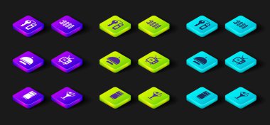 Buzdolabı, Martini bardağı tepsi, Retro TV, ısıtma radyatörü ve otelin kilit ikonu ile kaplanmış. Vektör