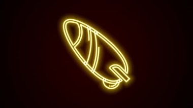 Parlayan neon çizgisi sörf tahtası simgesi siyah arkaplanda izole edildi. Sörf tahtası. Olağanüstü bir spor. Spor malzemeleri. 4K Video hareketli grafik canlandırması