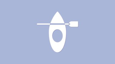 Beyaz kano ve kürek ikonu mor arka planda izole edildi. Balıkçılık ve turizm için kano. Açık hava aktiviteleri. 4K Video hareketli grafik canlandırması