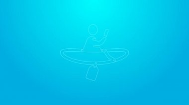 Pembe çizgi kano ve kürek ikonu mavi arkaplanda izole edildi. Balıkçılık ve turizm için kano. Açık hava aktiviteleri. 4K Video hareketli grafik canlandırması