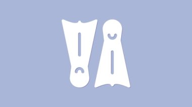 Mor arka planda izole edilmiş yüzme ikonu için beyaz plastik yüzgeçler. Dalış ekipmanları. Olağanüstü bir spor. Su altı ekipmanları. 4K Video hareketli grafik canlandırması