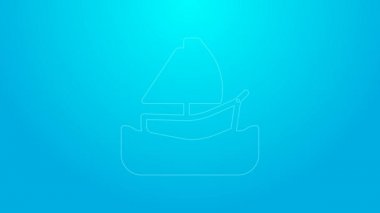 Pembe çizgili yelkenli ya da mavi arka planda izole edilmiş yelkenli gemi simgesi. Yelkenli deniz seyahati. 4K Video hareketli grafik canlandırması