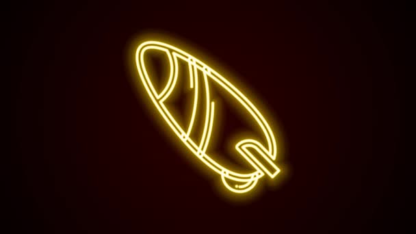 Glödande neon linje Surfingbrädan ikon isolerad på svart bakgrund. Surfingbräda. Extrem sport. Sportutrustning. 4K Video motion grafisk animation — Stockvideo